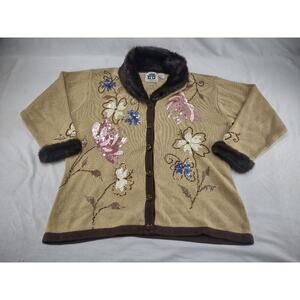 Cardigan Sweater‎ Vintage 1X Storybook Knits Floral Sequin Faux Fur Brown Flower